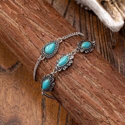 2 Pieces Turquoise Stone Western Style Chain Bracelets Set For Women