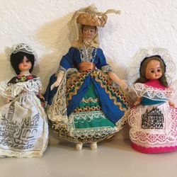 Vintage 3-Felt Cloth Souvenir Dolls 5 1/2”, 7”, & 5” Made in Italy