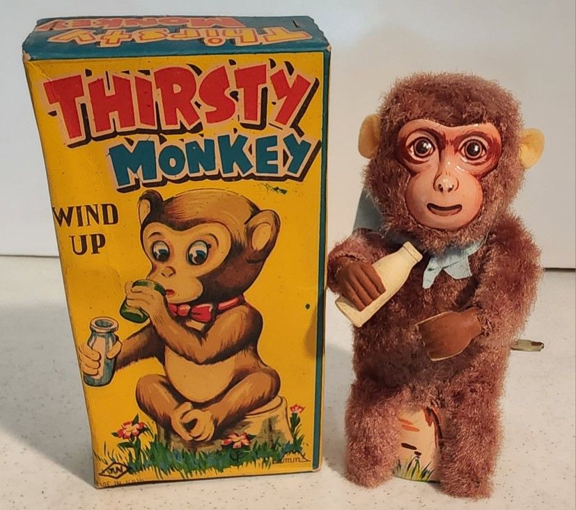 Vintage Collectible Tin Wind Up Toy "Thirsty Monkey"