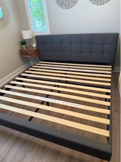 King Size Gray Upholstered Platform Bed Frame