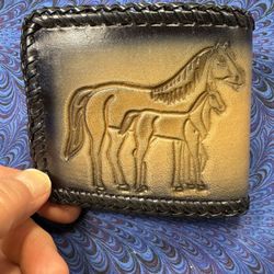 New  Mexico Hand Tooled Genuine Gray & Black Leather Wallet Cowboy Horse Bi-Fold