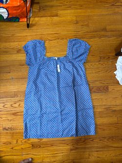Madewell Blue & Red Geometric Print Puff-Sleeve Dress – Size L – NWT
