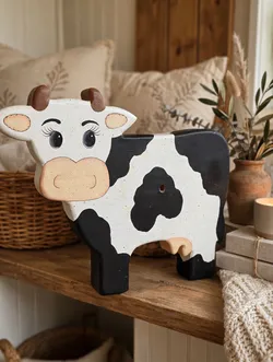 Hand-Painted Black and White Solid Wooden Cow - Clock, Shelf Sitter, or Wall Hanging