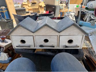 Vintage Gardeners Eden three-drawer wooden birdhouse storage box w/ metal roof and kitchen utensil handles