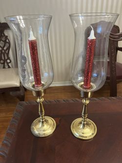Pair Of Candle Holders Brass With Glass