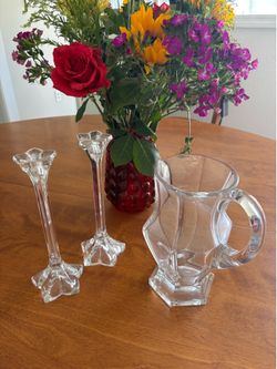 Gorgeous water pitcher and crystal candle holders