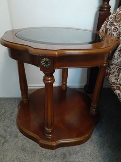 Real wood side table with glass center