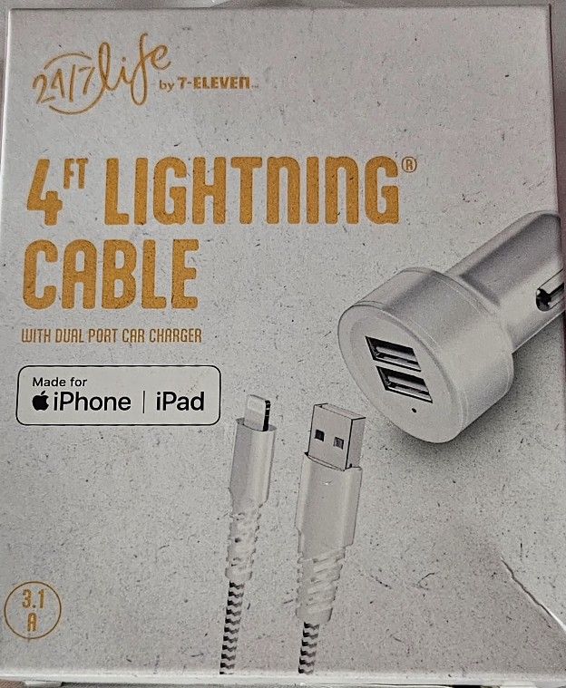 24/7 LIFE  4" LIGHTENING TO USB Br. Mesh Charging Cable w/ Dual Port Car Charger