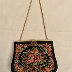 Vintage Multicolor Petit Point Floral Fabric Purse Metal Frame & Stone Clasp