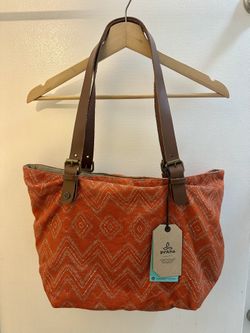 PrAna Slouch Tote Medium Bag Orange Leather Handle Recycled Organic Hemp 18" x 12"