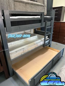 Complete Bunk Bed Set Twin Over Twin Over Twin Storage Trundle Giant Drawer Both Mattress Included