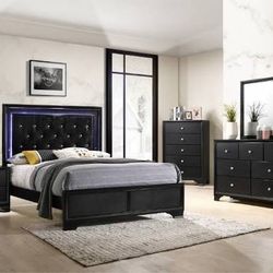 New 5 Piece Tufted Bedroom Set With LED Lights.  Black.  Free Delivery!