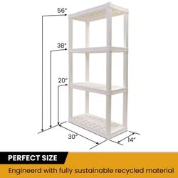 4-Tier Plastic Shelving Unit, 56 in H x 30 in W x 14 in D, White, 400 lb Capacity