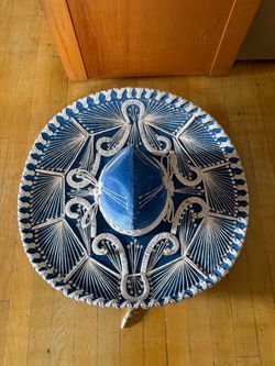 Vintage Mexican Hat Pigalle Blue Velvet Sombrero de Charro Catrina