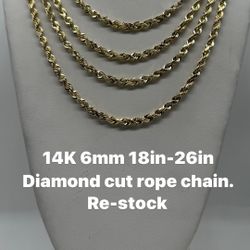 14K 6mm 18in-26in diamond cut rope chain. Brand news, re-stock.
