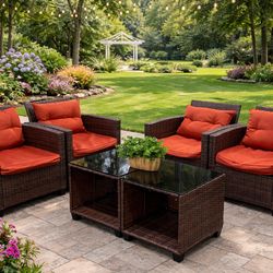 6-Piece Wicker Patio Set☀️ Includes 4 Chairs with Washable Cushions + 2 Coffee Tables (Tempered Glass Top) Durable PE Rattan – Perfect for Outdoor Use