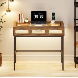 Makeup Vanity with LED Lights, Vanity Desk with Glass Top Design & Charging Station, Wooden Makeup Table with Rattan Drawers, Wood Dressing Table Offi