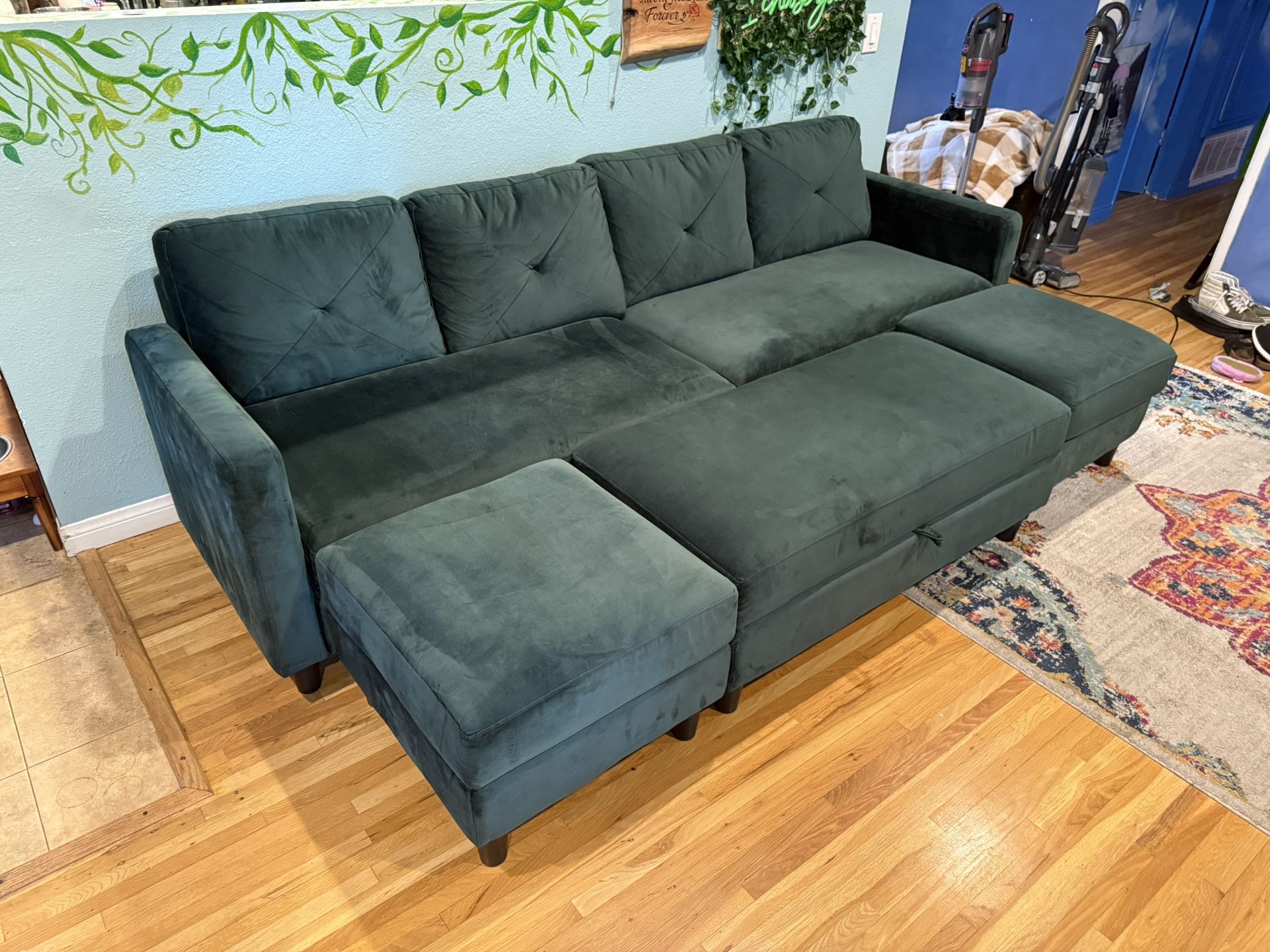 Velvet Green Couch With Movable Ottoman