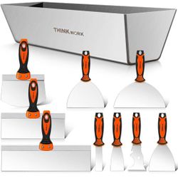 THINKWORK Drywall Knife Set, 10Pcs Drywall Tools Include Stainless Steel Putty Knife Set, Taping Knives, Painter Scraper, 14" Mud Pan and Scoop, Spack