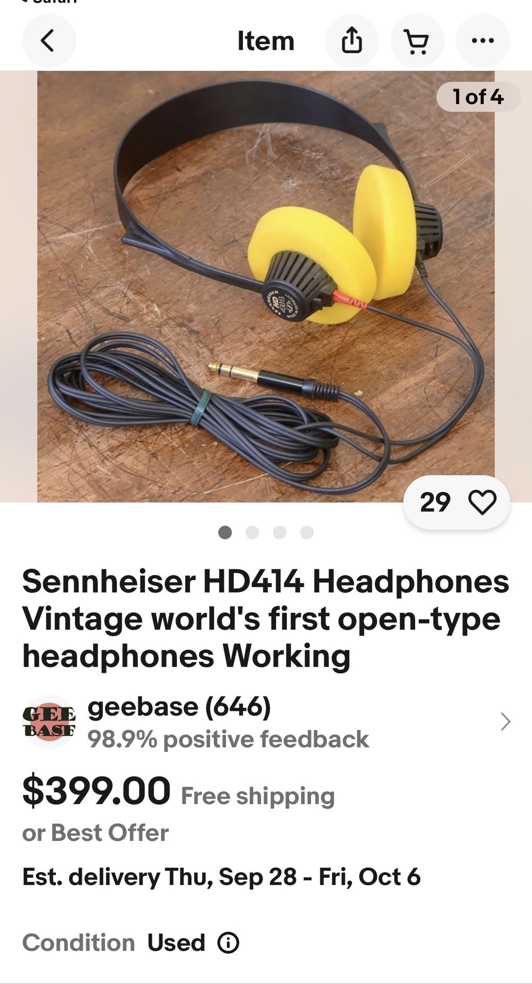 Sennheiser HD414 Headphones Vintage world's first open-type