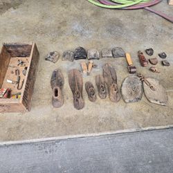 Vintage antique shoe repair kit lot, tools, Cast Iron Cobblers (5 sizes), soles, and wooden box
