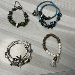 Lot of 4 Bracelets leather charms cross turtle sea ocean silver glass beads blue green white wood dolphins starfish heart boho   Silver tone, beach, b