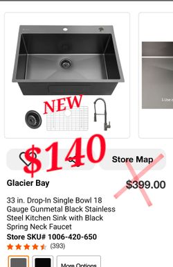 Glacier Bay 33” Gunmetal Black Kitchen Sink + Faucet – New
