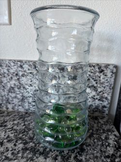 Vintage Ribbed Glass Vase Light blue 9.5” Art Deco With Green Marbles