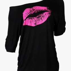 Smile Fish Women Casual Oversized Sexy Lips Print Off Shoulder T-Shirt small 