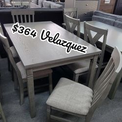 ✅️✅️6 pc  grey finish wood dining table set padded seat chairs and bench👋
