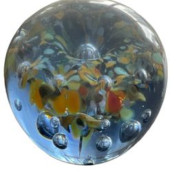 Murano Style Glass Yellow Blue Bubble Visit   Suspension Round Orb Paperweight Murano Style Glass Yellow Blue Bubble Visit   Suspension Round Orb Pape
