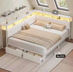 Queen Corner Bed Frame with Storage Drawers, Modern Daybed with LED Lights and Charging Station, Metal Platform Bed Frame with Velvet Upholstered Guar