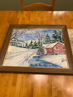 MCM vintage oil painting of red watermill with river. Wood frame. Rustic/ farmhouse/ cottage.