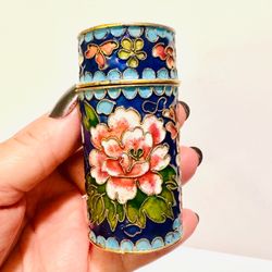 Chinese Folk Fengshui Cloisonne Enamel Flower Toothpick / Trinket box 3” Tall