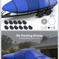 Heavy Duty Boat Cover 16'-18.5', 1400D Middle Reinforced Waterproof Polyester Canvas, Trailerable Boat Cover with Fast Drainage Kits Fit 16-18.5ft V-H