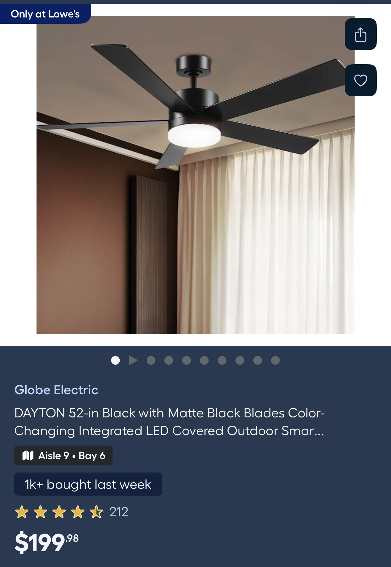 Globe Electric DAYTON 52-in Black with Matte Black Blades Color-Changing Integrated LED Covered Outdoor Smat fan