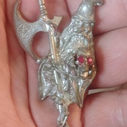 Pewter Wizard And Skull Bone with Ruby Eyes Pendant 
