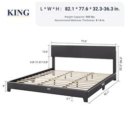  King Size Bed Frame with Adjustable Headboard, Faux Leather Platform Bed with Wood Slats, Heavy Duty Mattress Foundation, No Box Spring Needed, Noise