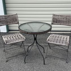Bistro Set Small Round Glass Table & Two Folding Chairs