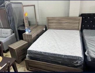 new 6 pcs  queen bedroom set  1 bed frame  2 box spring  3 mattress  4 dresser  5 mirror