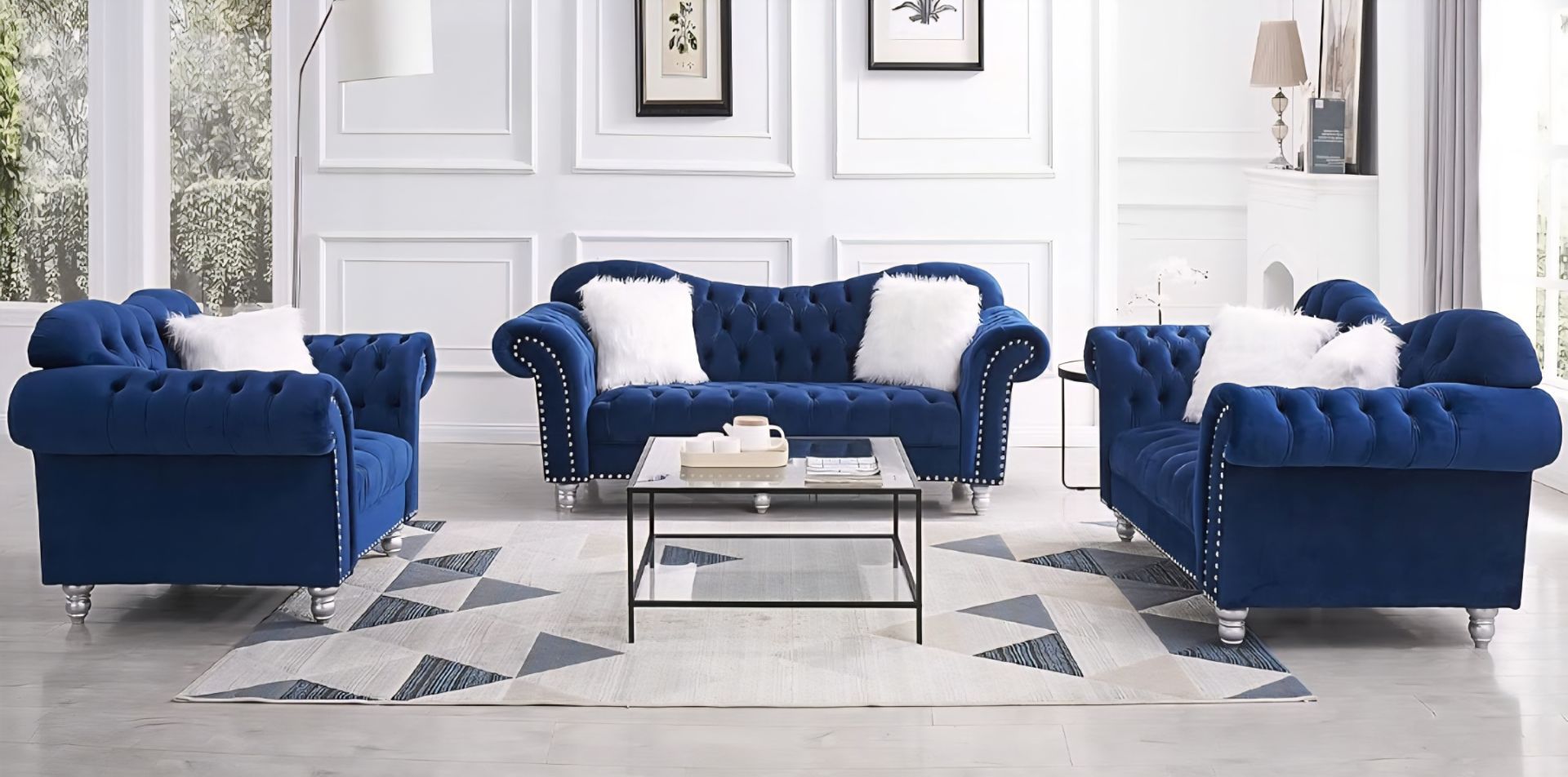 Navy blue tufted rhinestone sofa set