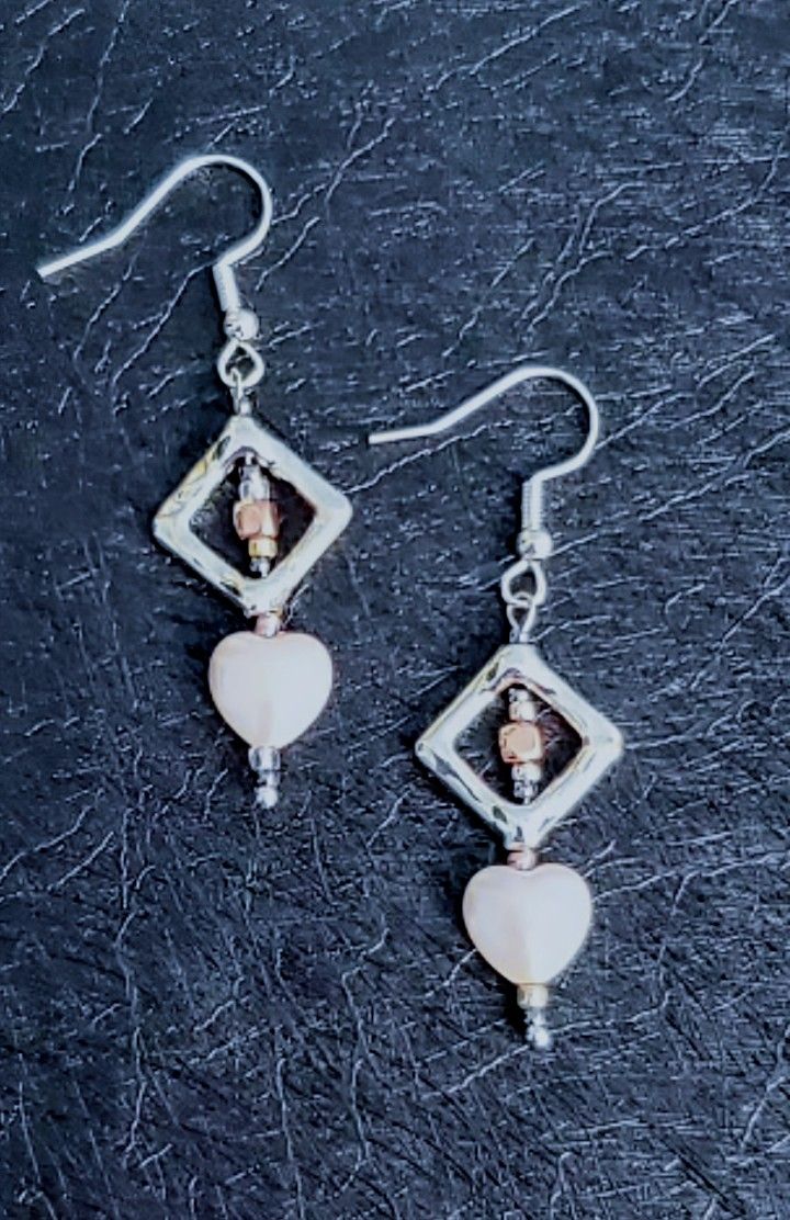 Silver Hook, Pearl Heart , Glass Bead Earrings