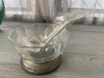 Mid Century Glass Bowl Footed Silver Plate Pedestal Decagon 10 Sided MCM Italy