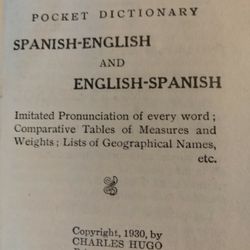 1930 English To Spanish Or Spanish To English Dictionary 