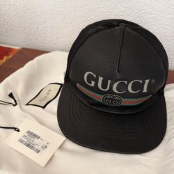NEW GUCCI BLACK LEATHER WEB LOGO DETAIL BASEBALL CAP HAT 58/M MEDIUM