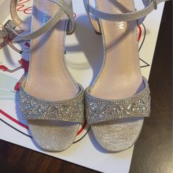 Silver shoe with a comfortable square 3 inch heel