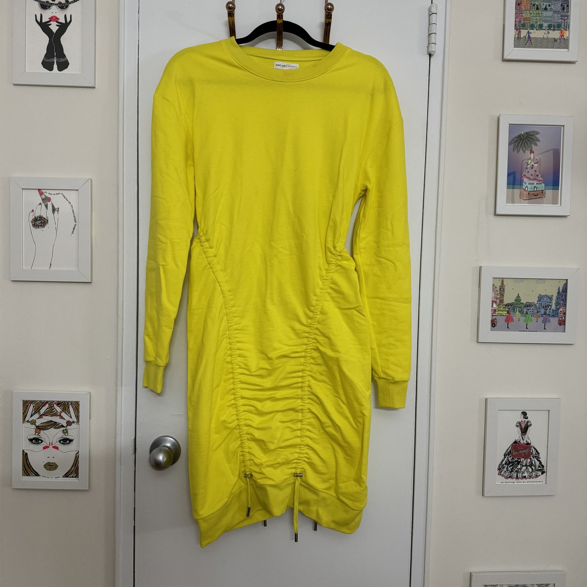 GREY LAB Cotton Sweater Dress Vibrant Yellow Adjustable Hem Small