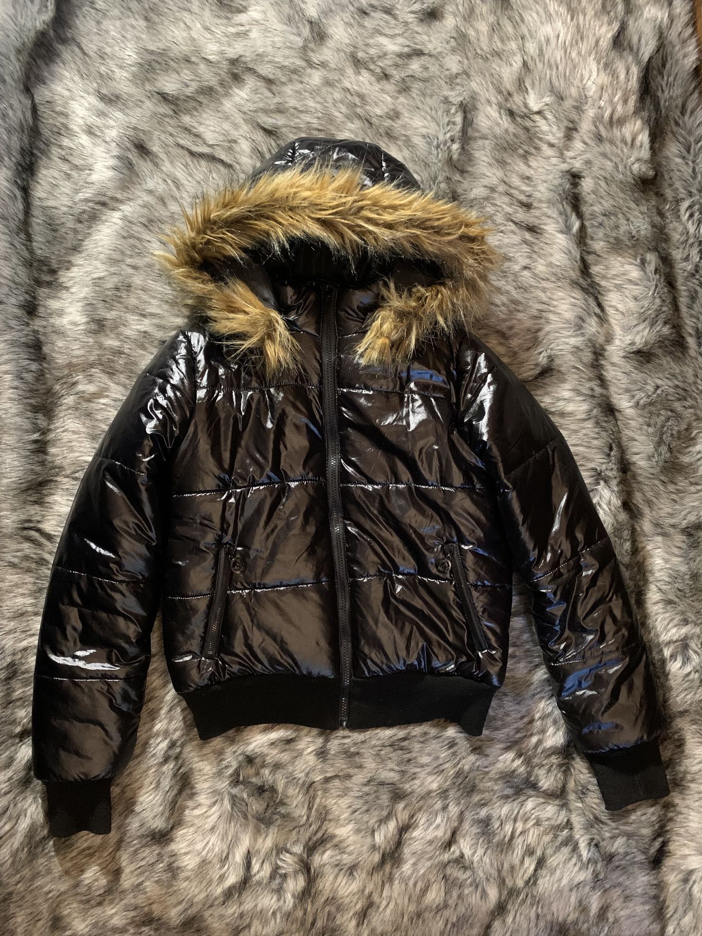 black puffer jacket with fur trim