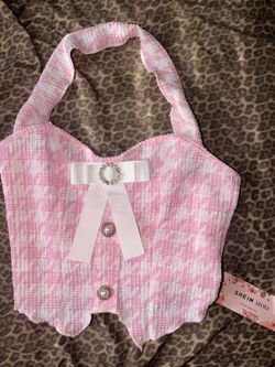 BRAND NEW Pink Plaid Pearl And Diamond Embellished Coquette Crop Top 