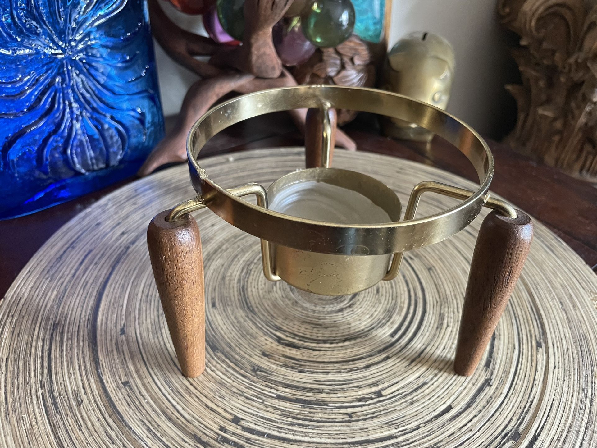 Vintage MCM Teak Wooden Tripod Brass Carafe Warmer